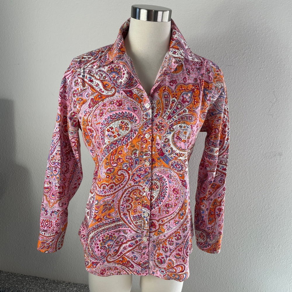 Lands End Womens 10 Petite No Iron Supima Cotton Paisley Floral Button Up Shirt